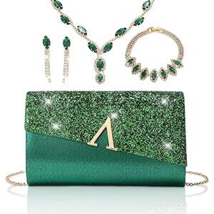 Green 4-Piece Women Evening Handbags Clutch Purse Jewelry Set Sparkling Mini Sil
